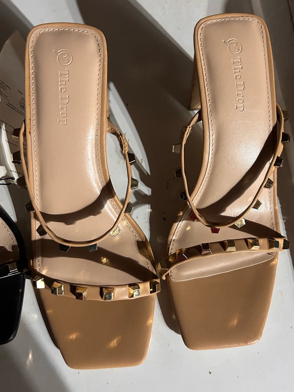 Women's Tan Studded Square-Toe Slide Sandals